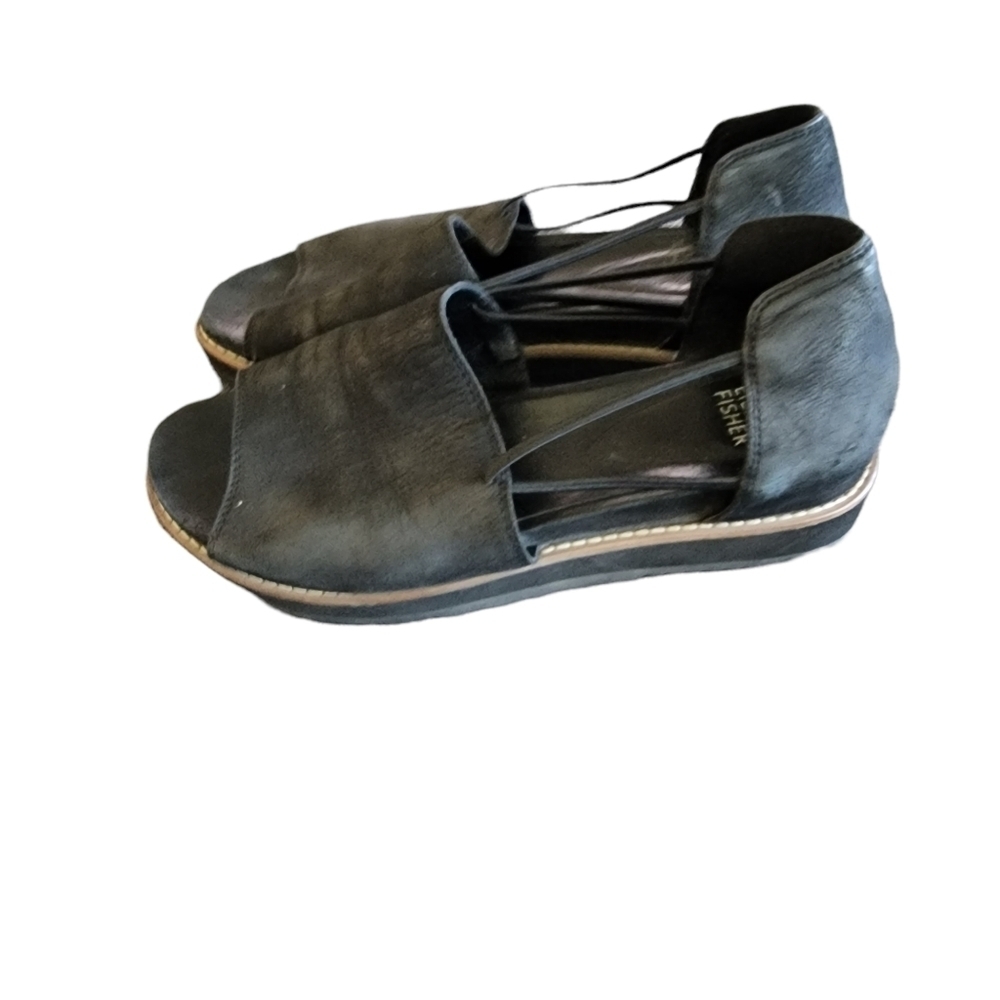 Eileen Fisher black leather slip on shoes ken nubuck